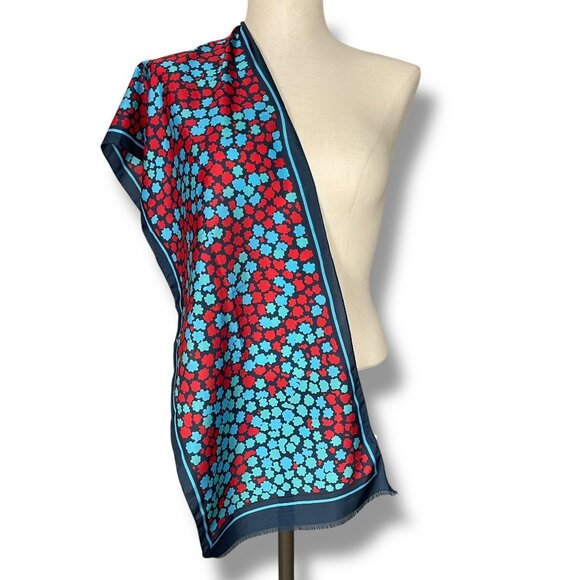 Vintage‎ Long Scarf Floral Pattern Print Blue Red Rectangle Retro Raw Edge 11x54 - Picture 1 of 6